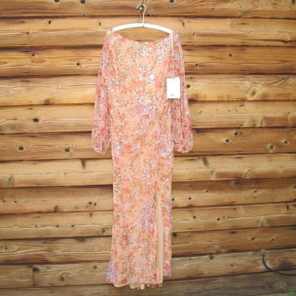 Mac Duggal 93547 Womens FLORAL PRINT SEQUINED PUFF SLEEVE GOWN - Picture 5 of 14